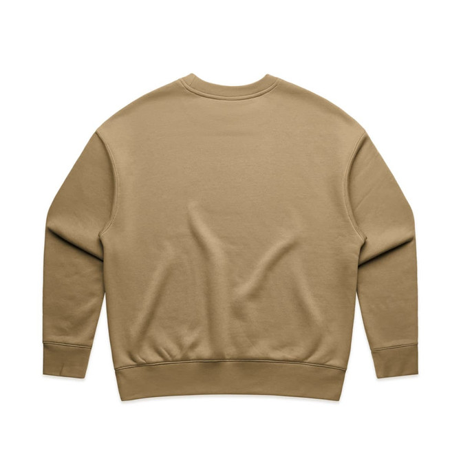 A beige crew jumper with a simple, unadorned design and ribbed cuffs. It features a branding logo.