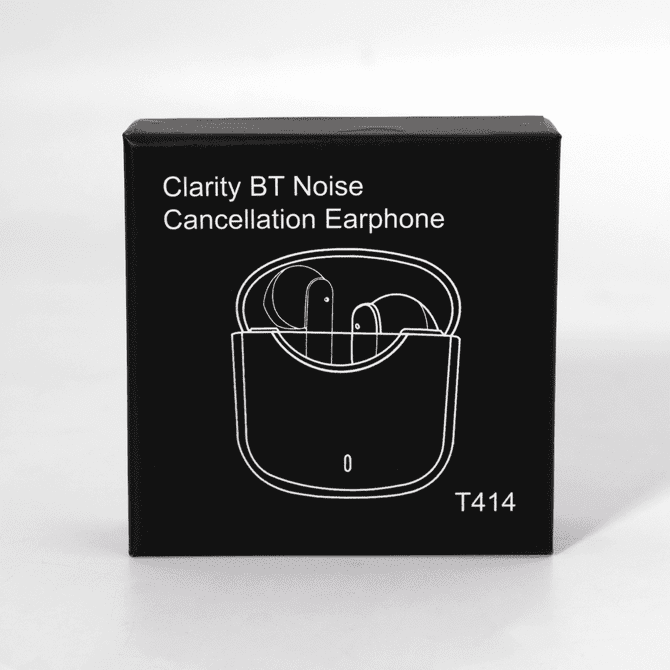 A black box containing Clarity BT Noise Cancellation Earphones, featuring a design outline of the earbuds inside.
