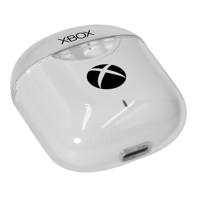 A white charging case for wireless earbuds, featuring an Xbox logo and a clear plastic cover.