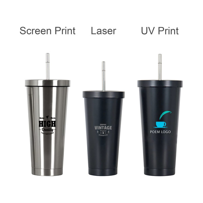 A drink bottle set featuring two stainless steel tumblers in silver and navy blue, each with a straw and branding.