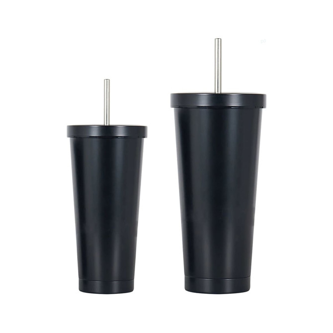 A drink bottle set featuring two black stainless steel tumblers with straws, in sizes of 480ML and 650ML.