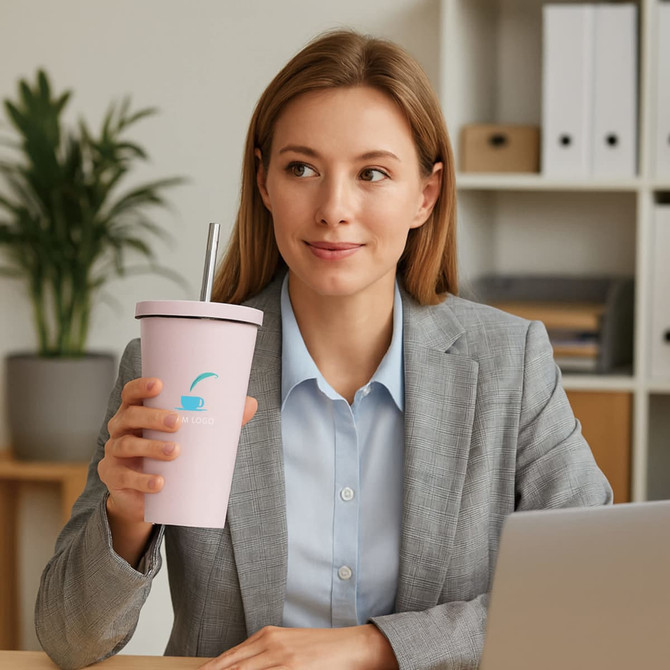 A drink bottle in light pink colour with a straw, featuring a branding logo, held by a woman in a grey suit.