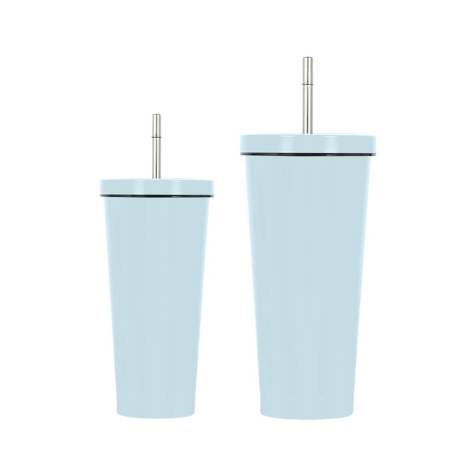 A drink bottle set featuring a light blue double wall stainless steel tumbler with a straw, including two sizes.