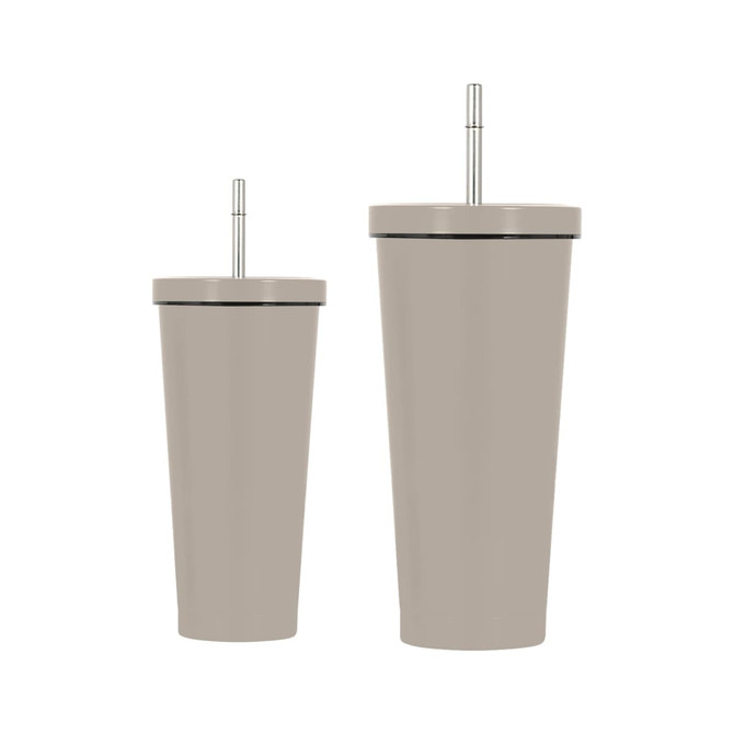 A drink bottle set featuring two beige double wall stainless steel tumblers with straws and a logo.