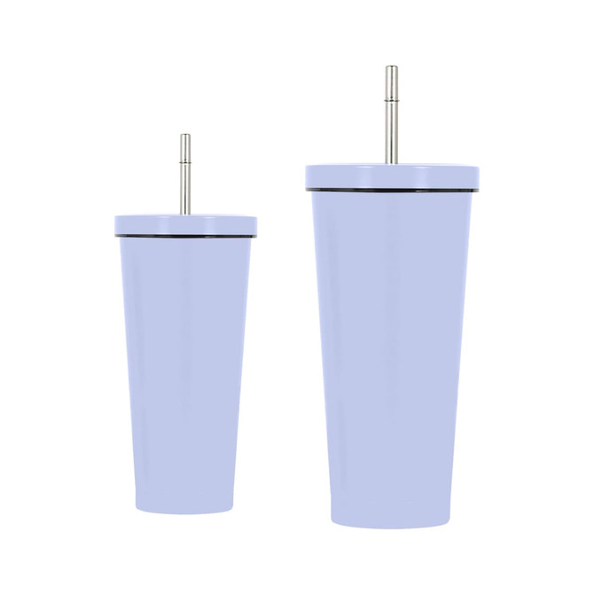 A drink bottle set featuring two light purple double wall stainless steel tumblers with straws, one tall and one shorter.
