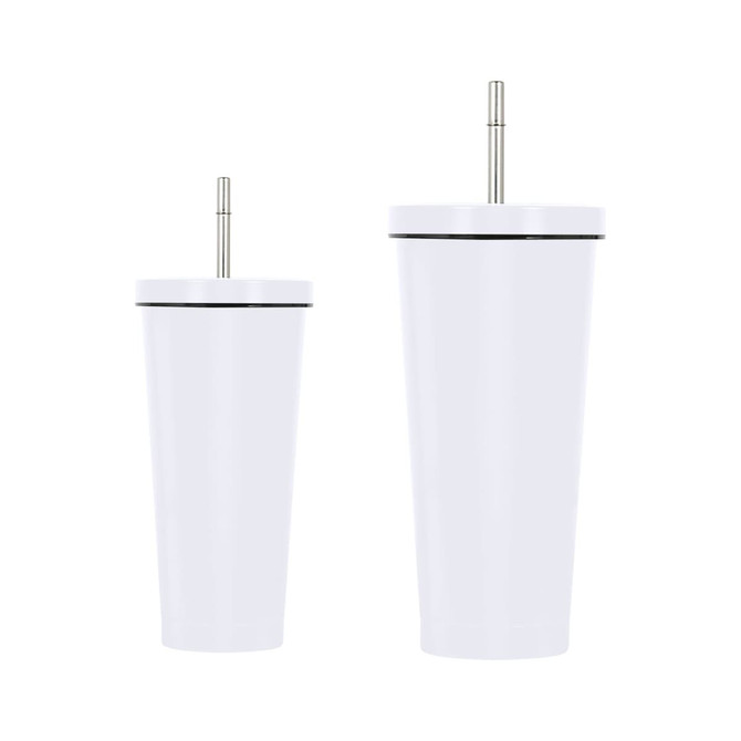 A drink bottle set featuring two white double wall stainless steel tumblers with straws, one larger than the other.