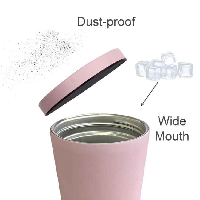 A drink bottle with a pink exterior and a stainless steel interior, featuring a wide mouth and a dust-proof lid.