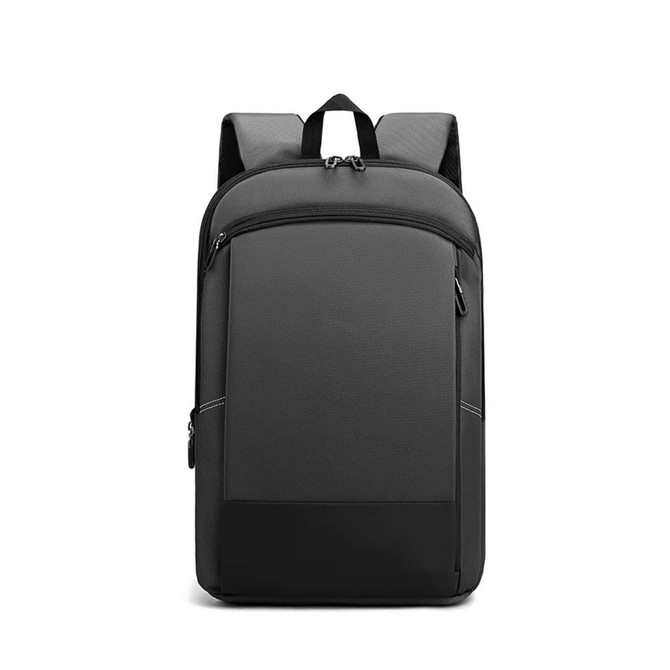 A black expandable laptop backpack with padded shoulder straps and a front zipper pocket, featuring a logo.
