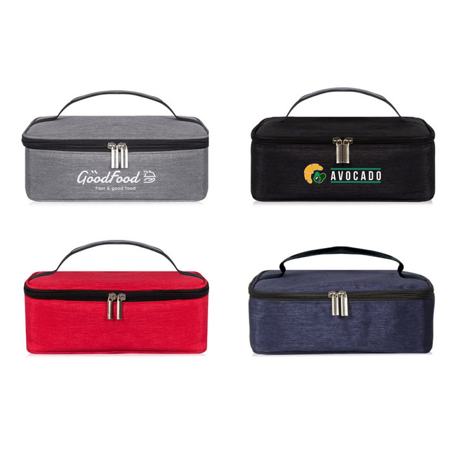 Four portable thermal insulated lunch bags in grey, black, blue, and red, each with a handle and a logo.