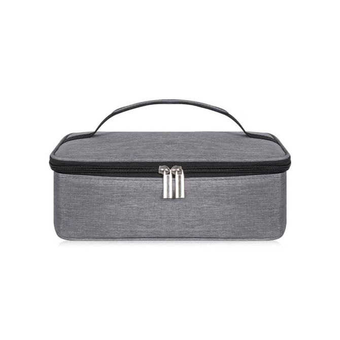 A grey portable thermal insulated lunch bag with a zipper closure and a handle on top.