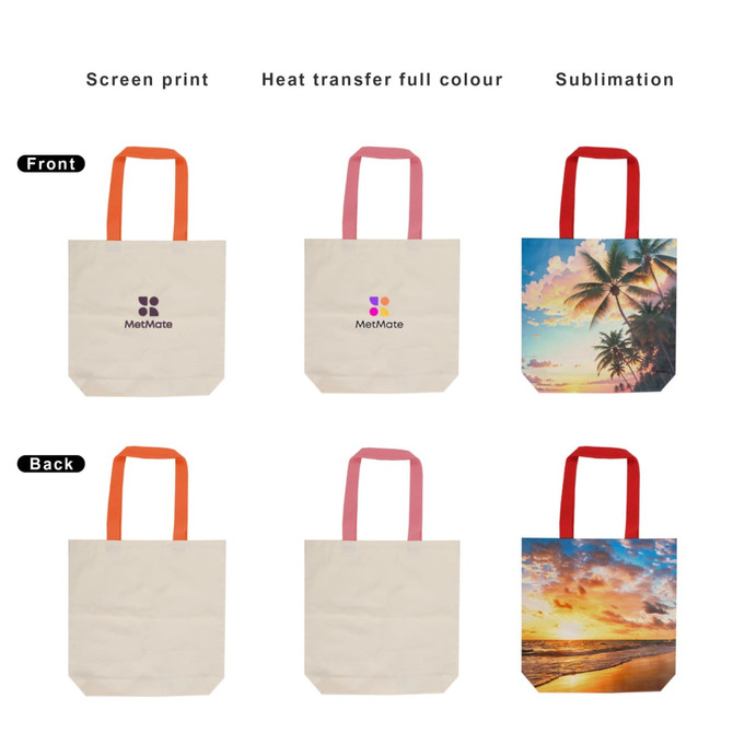 A canvas tote bag in cream with multiple strap colour options, featuring a logo on one side and vibrant sunset imagery on the other.