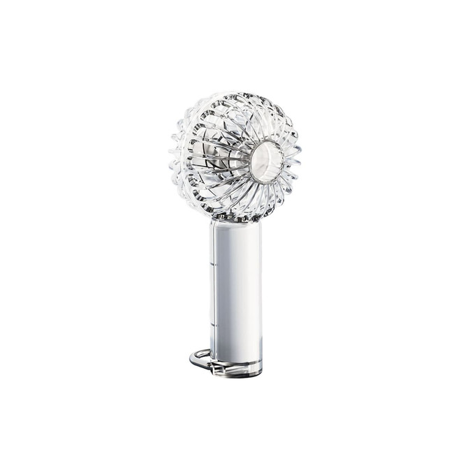 A transparent handheld fan with a circular design and an integrated LED light, featuring a white handle.