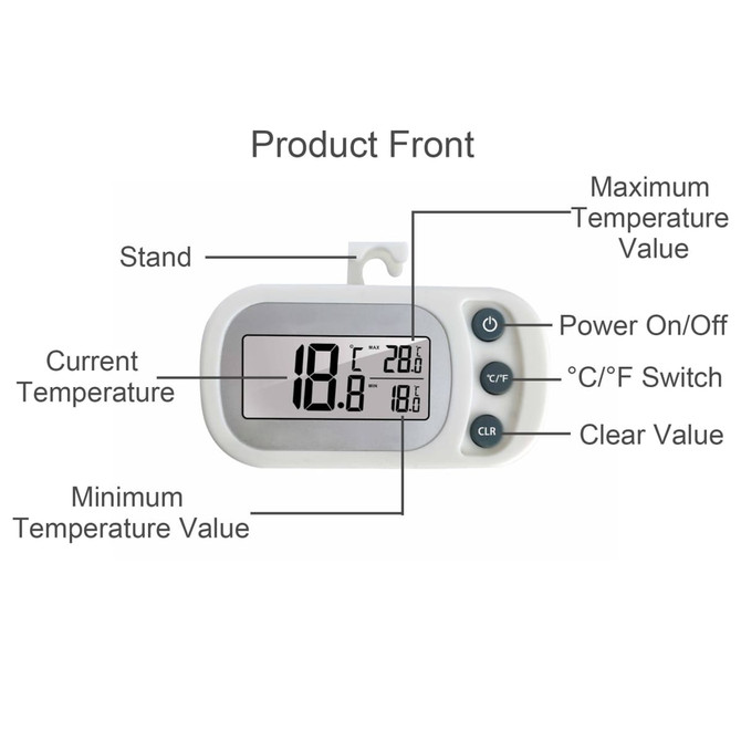A white ambient thermometer displaying current and minimum/maximum temperature values, with buttons for settings and a stand.