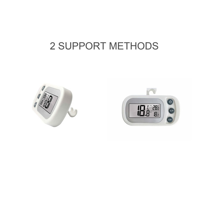 A white ambient thermometer featuring a digital display with two support methods for mounting.