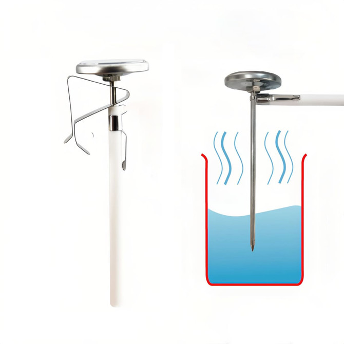 A silver and white instant read dial thermometer with a pointed probe for measuring temperatures. It has a metallic attachment.