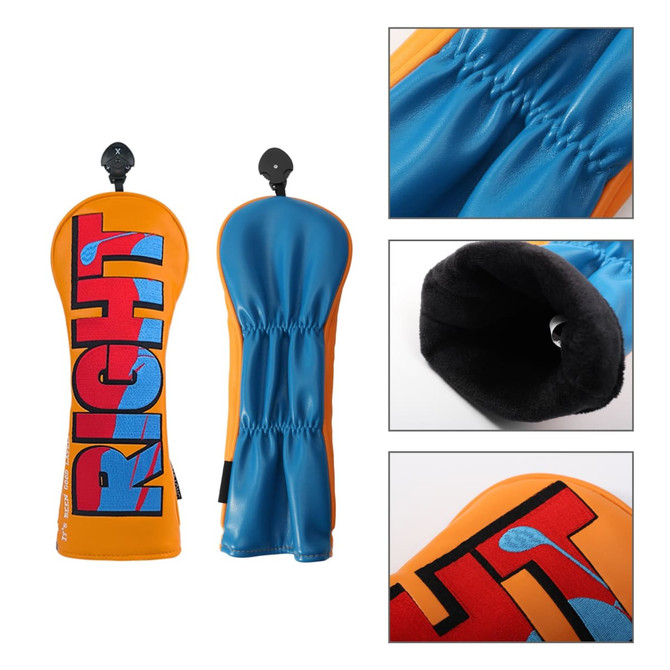 Custom golf head cover in bright orange and blue, featuring a logo and soft interior. Suitable for protecting golf clubs.