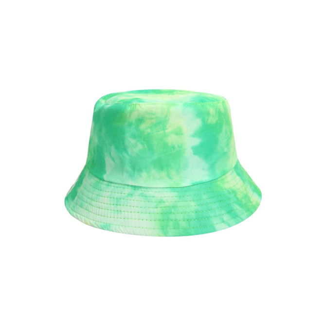 A tie dye bucket hat in various shades of green, featuring a yellowish accent. It has a branding logo on it.
