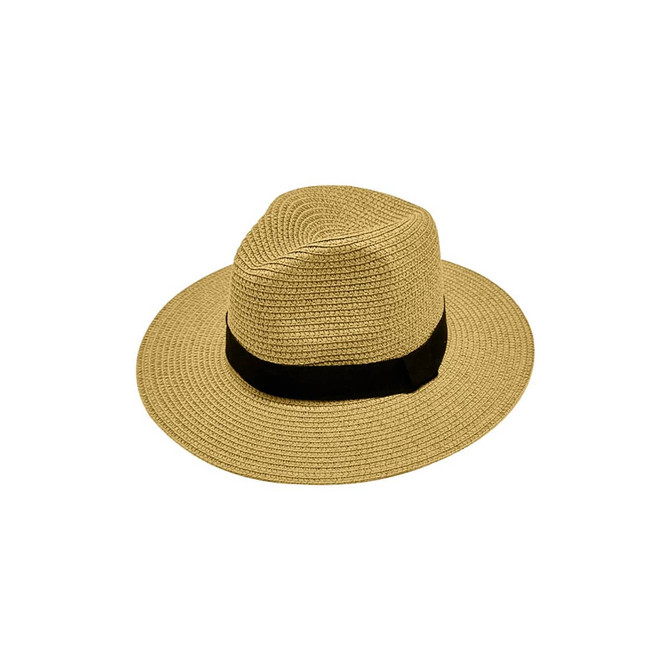 A straw sun hat in tan with a black band, featuring a wide brim and a textured finish.
