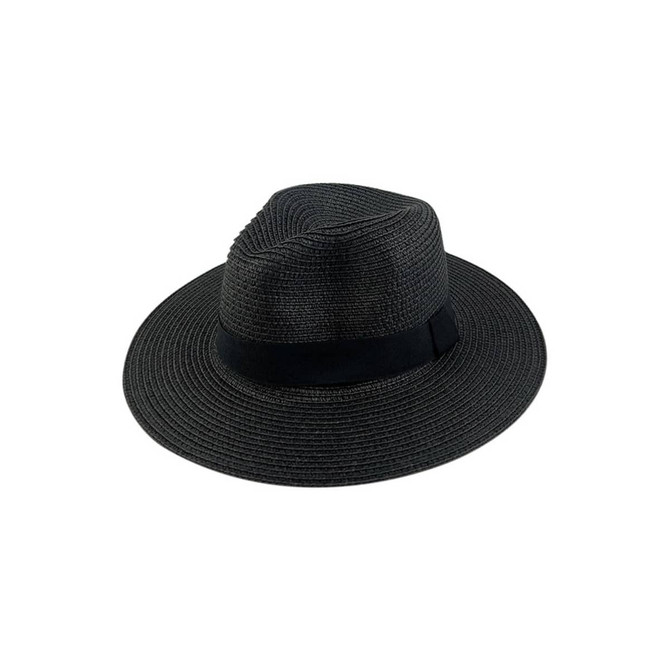 A black Panama beach hat featuring a wide brim and a stylish band. It has a textured woven design.