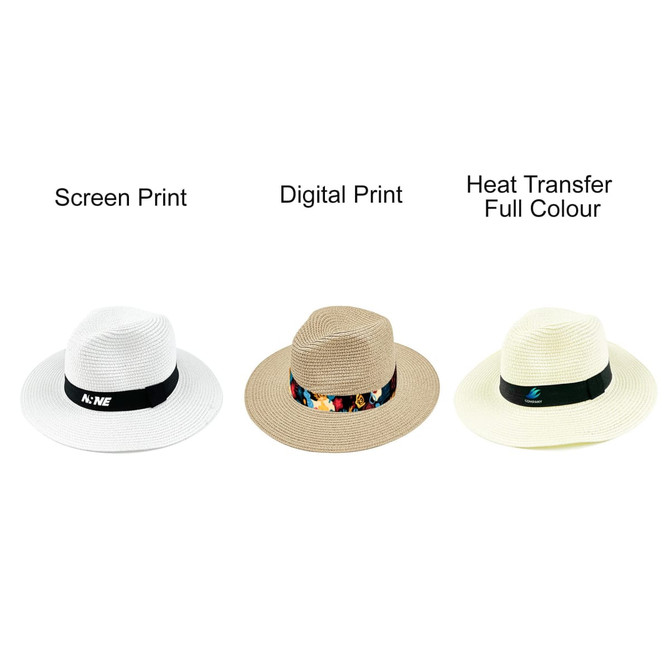 A Panama beach sun hat in white, beige, and cream, each featuring different band designs and a logo.