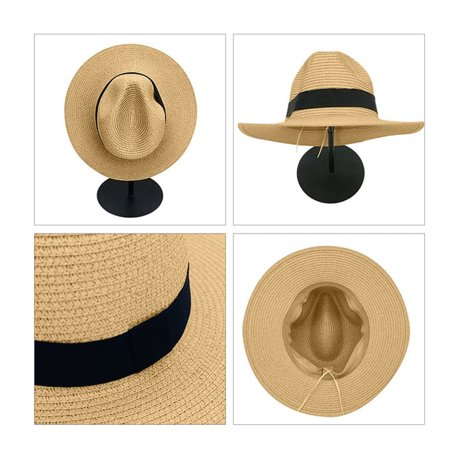 A straw hat in a light tan colour with a black band, displayed from multiple angles on a stand.