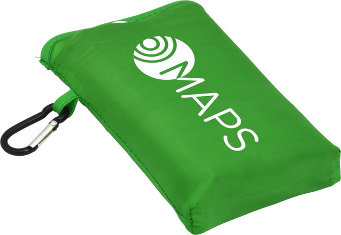 A compact green picnic mat featuring a logo and a carabiner attached for easy carrying.