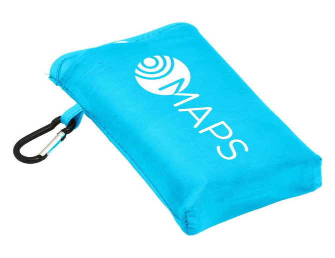 A compact picnic mat in bright blue, featuring a logo and a carabiner attachment for easy carrying.