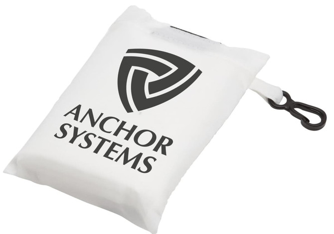 A white reusable grocery bag with a black logo and branding, featuring a clip for easy attachment.