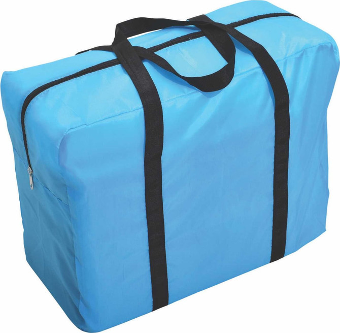A blue wheeled travel bag with black straps and a zip closure, featuring a logo on the side.
