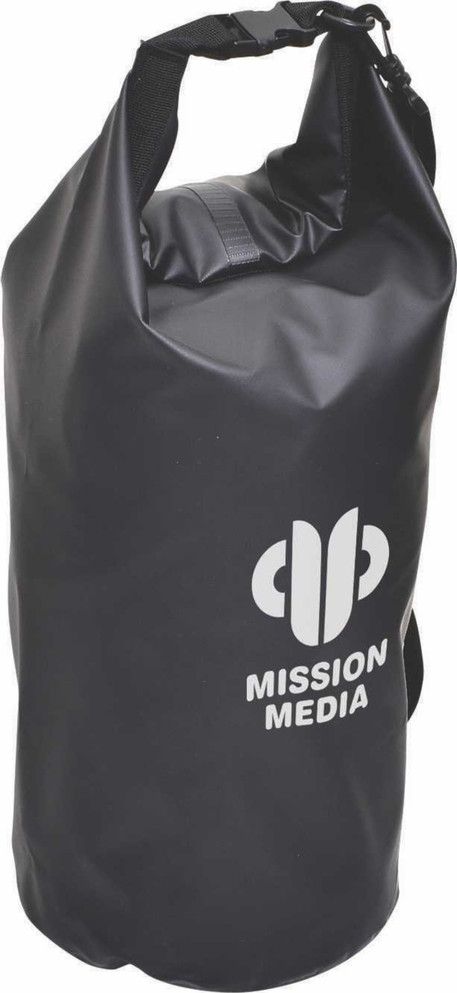 A black 5-litre dry bag with a shoulder strap and a logo on the front.