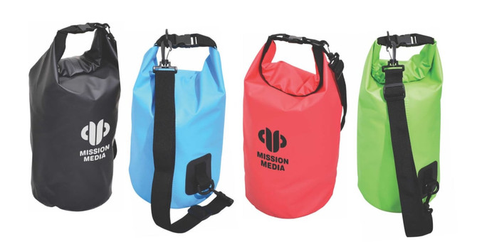 Aqua Dry Bags in black, red, blue, and green, each with a strap and a logo.