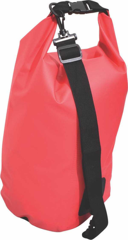 A red 15-litre dry bag with a sturdy strap and a buckle closure, featuring a small logo.