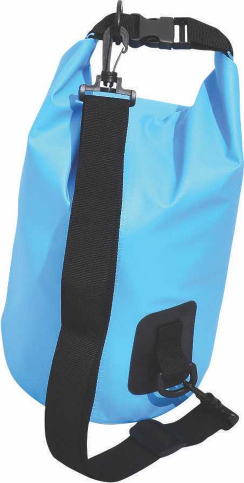 Aqua dry bag in light blue, featuring a black strap and clip, designed for waterproof storage.