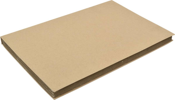 A stack of brown, unmarked cardboard sheets, neatly arranged with a slight inclination.