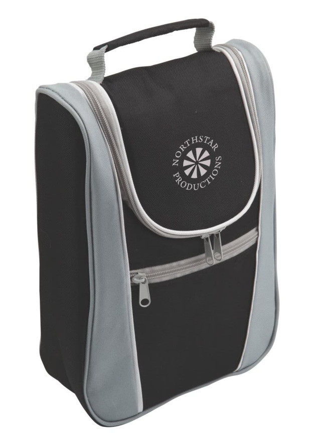 A drink bottle cooler bag featuring a black and grey design with a handle and front zip pocket. It has a logo on it.