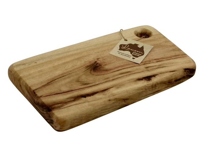A rectangular cheese board made from light-coloured wood with a smooth finish and a hole for hanging.