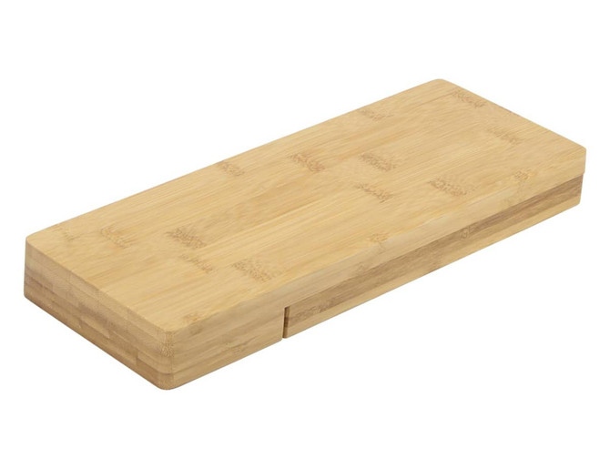 A bamboo cheese board with a smooth finish and a sliding compartment. It features a natural wood colour.