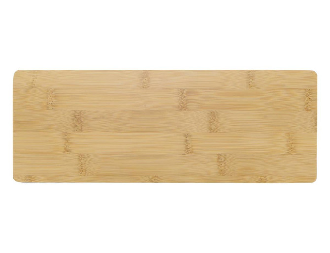 A rectangular bamboo cheese board with a smooth surface and natural finish. Contains a branding logo.