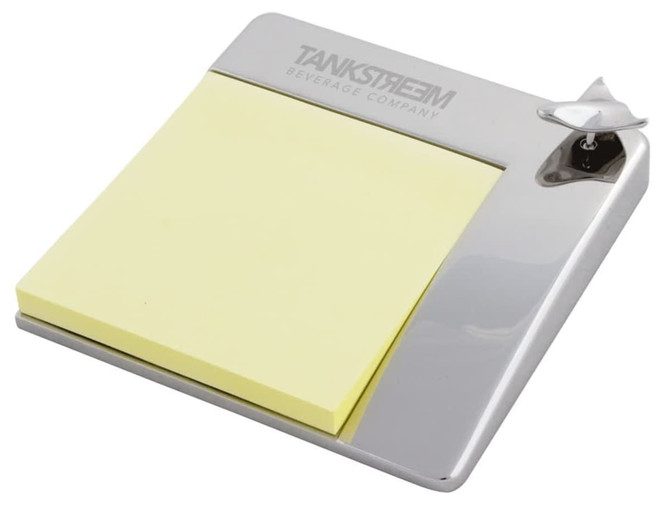 Aero Note Holder with a silver finish and a yellow sticky note pad. Features a branding logo.