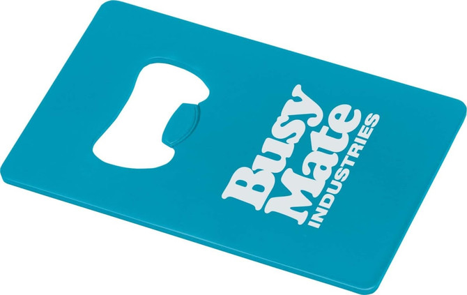 A drink bottle opener in vibrant turquoise colour with a cut-out and a branding logo.