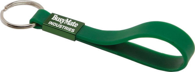 A green silicone sling keyring with a metal ring and a logo on the strap.
