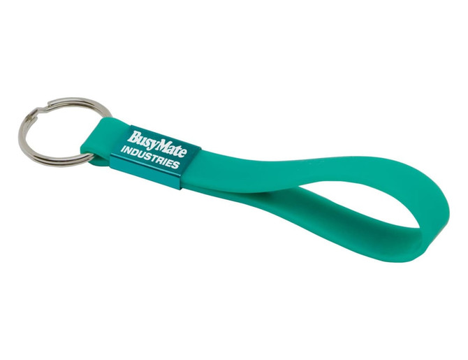 A teal silicone keyring with a metal keyring attachment and a branding logo.