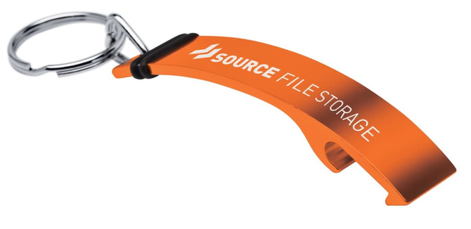 A drink bottle opener keyring in bright orange with a silver keyring attachment and a logo.
