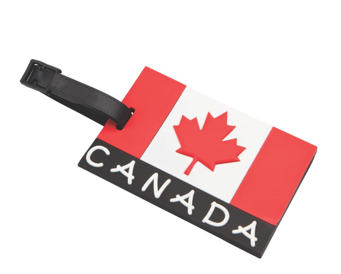 A luggage tag featuring the Canadian flag design in red, white, and black, with a black strap.
