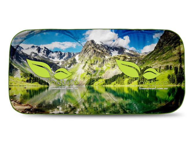 A sunshade featuring a vibrant mountain landscape with a lake, predominantly green and blue in colour, and includes a logo.