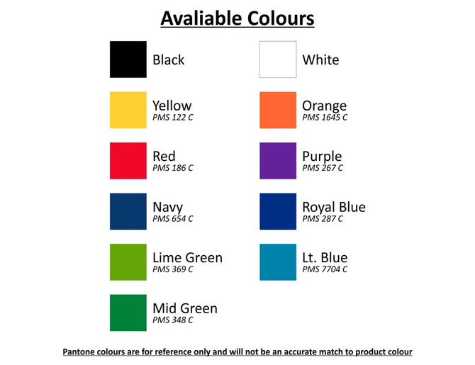 A colour chart featuring various shades including black, white, yellow, orange, red, purple, navy, royal blue, lime green, light blue, and mid green.