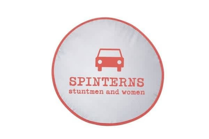 A round sunshade featuring a white background with a red border, displaying an illustration of a car and text.