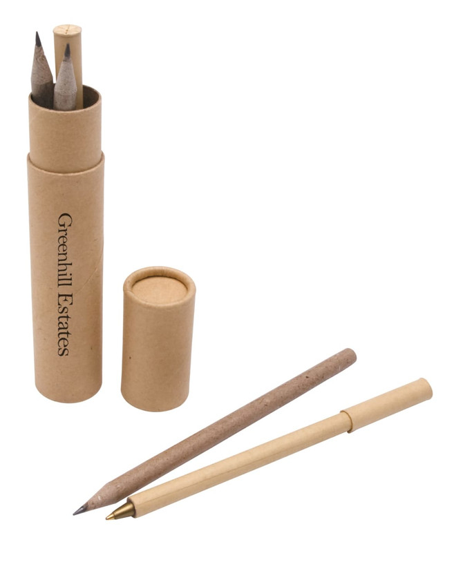 An eco-friendly writing set featuring two pencils and a pen, all housed in a cylindrical cardboard container.