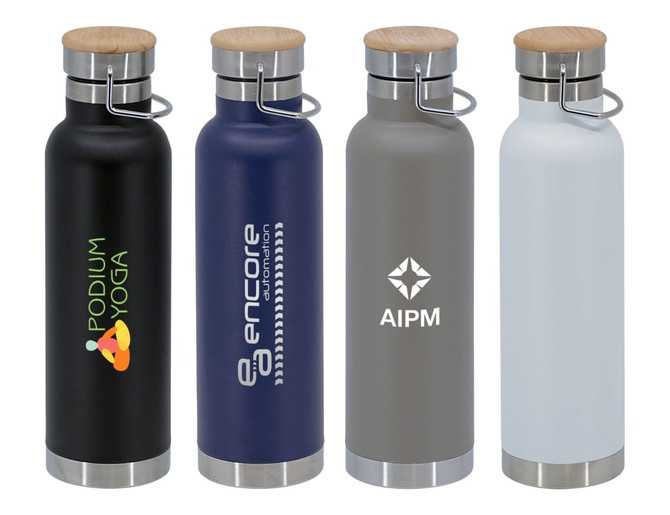 A drink bottle set featuring four vacuum flasks in black, navy, grey, and white, each with wooden lids and a logo.