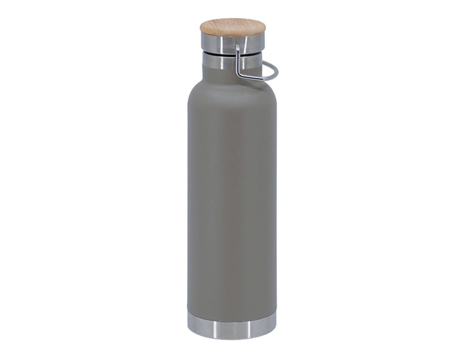 A drink bottle featuring a grey body, wooden lid, and stainless steel base, with a logo on the side.